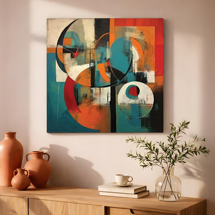 Geometric Abstract Stretched Canvas Painting For Living Room | Mid-Century Modern Wall Art Large Canvas Painting For Livingroom Home Decor, Bedroom, Hallway's, Office, Hotel - 86x86 cm