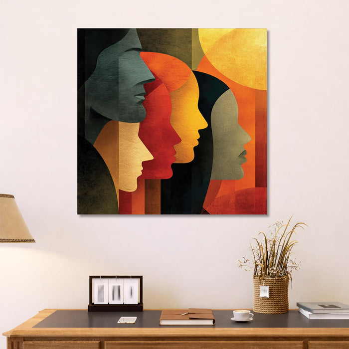 Boho Cubist Faces Stretched Canvas Painting For Living Room | Abstract Portrait Wall Art Large Canvas Painting For Livingroom Home Decor, Bedroom, Hallway's, Office, Hotel - 86x86 cm