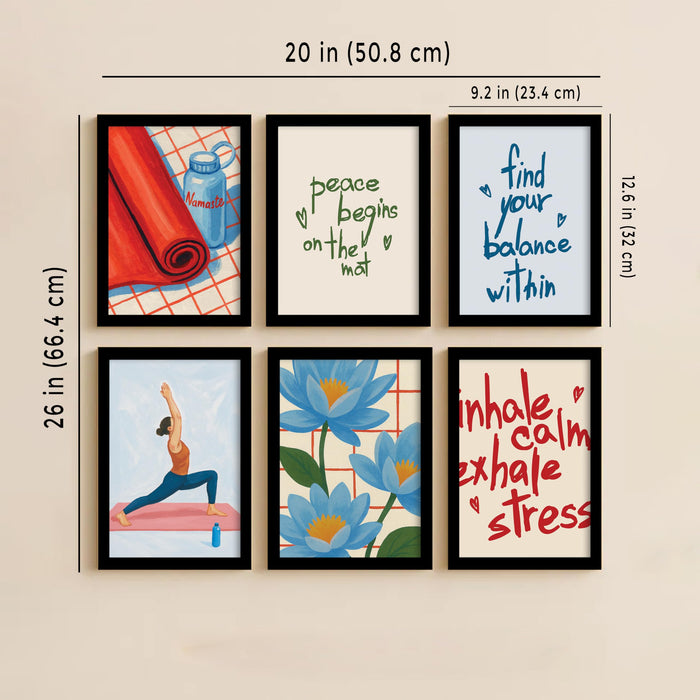 Set of 6 Yoga & Meditation Framed Posters – Inspirational Wall Art & Yoga Illustrations – Wellness, Mindfulness & Fitness Decor for Yoga Studio, Home Gym, Meditation Space, (24x32 cm)