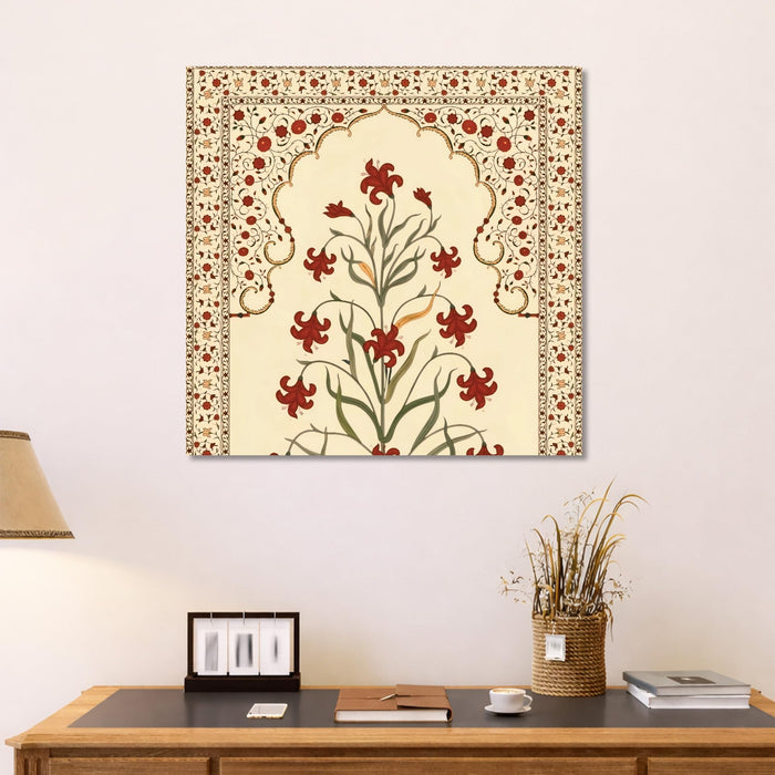 Traditional Indian Mughal Art Stretched Wall Painting for Living Room, Floral Jharokha Design with Crimson Blossoms, Ethnic Decor for Living Room, Office & Home Decor (56xx56 cm)