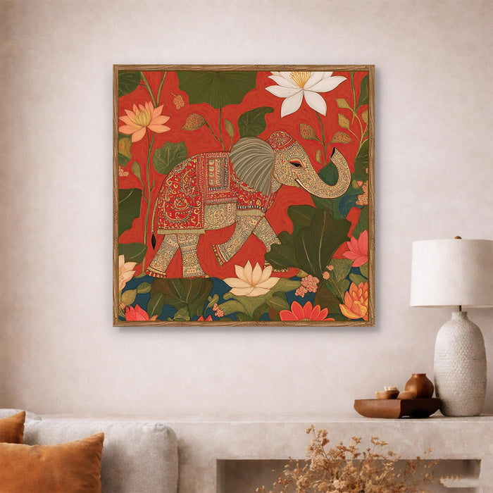 Pichwai Elephant Lotus Framed Painting For Living Room | Traditional Vastu Large Canvas Painting With Frame Wall Art For Bedroom, Hallway's, Office, Hotel, Size 58x58 cm