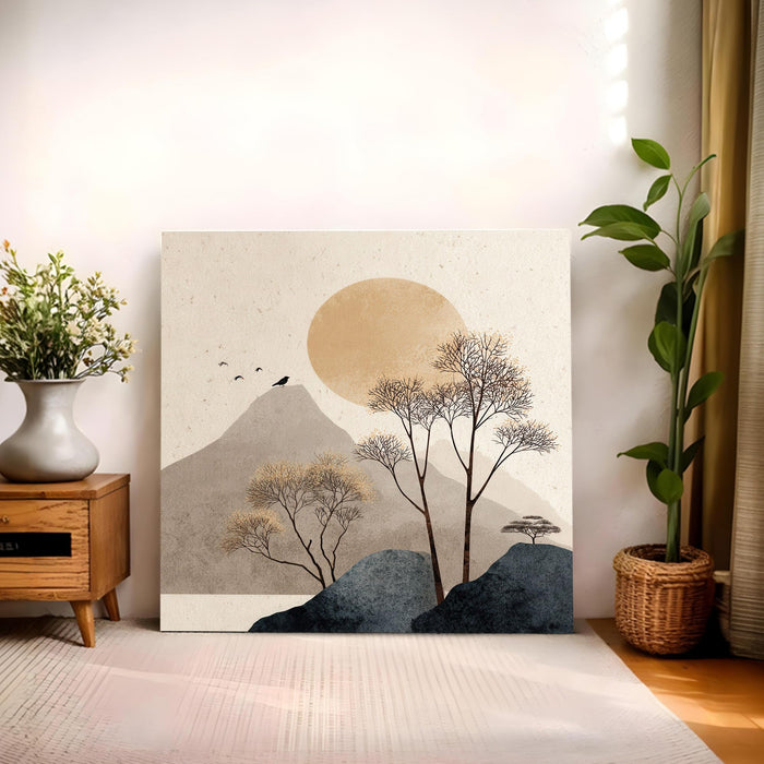 Japandi Minimalist Wall Art Painting for Living, Boho Minimalist Abstract Mountain Landscape with Golden Sun & Trees, Stretched Canvas Painting for Living Room, Bedroom & Office Decor (56xx56 cm)