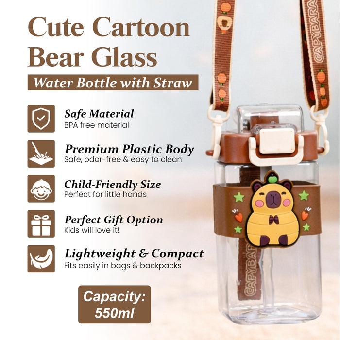 Art Street Water Bottle for Kids – 550ML Square Sipper with 3D Silicone Charm, Adjustable Shoulder Strap, Leak-Proof & BPA-Free Portable Travel Bottle for School & Outdoors (Brown, 7x3)
