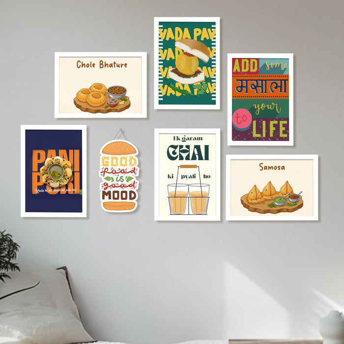 Indian Street Food Kitchen Framed Wall Art Painting Desi Food Illustrations & Quotes Painting with Frame for Kitchen, Restaurant, Set of 7 (1 MDF wall Hanging) 9x13 Inch