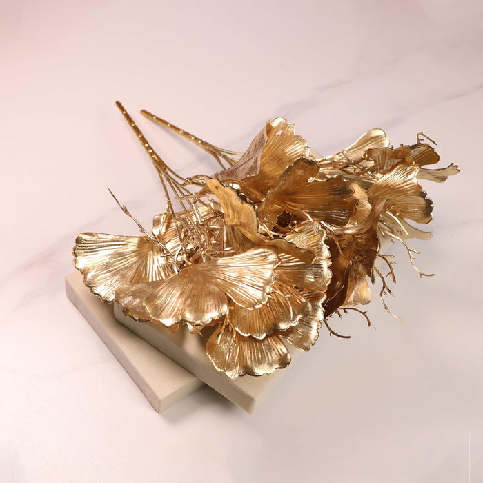 Golden Ginkgo Leaves Stems, Fake Faux Shrubs Made of PVC, UV Resistant Home Décor 31 cm