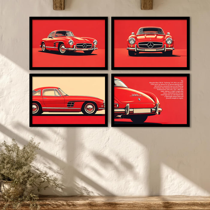 Mercedes 300 SL Gullwing Framed Wall Art Painting Set of 4 | Classic Luxury Car Illustration Prints for Living Room, Office & Studio Décor, 23x32 cm