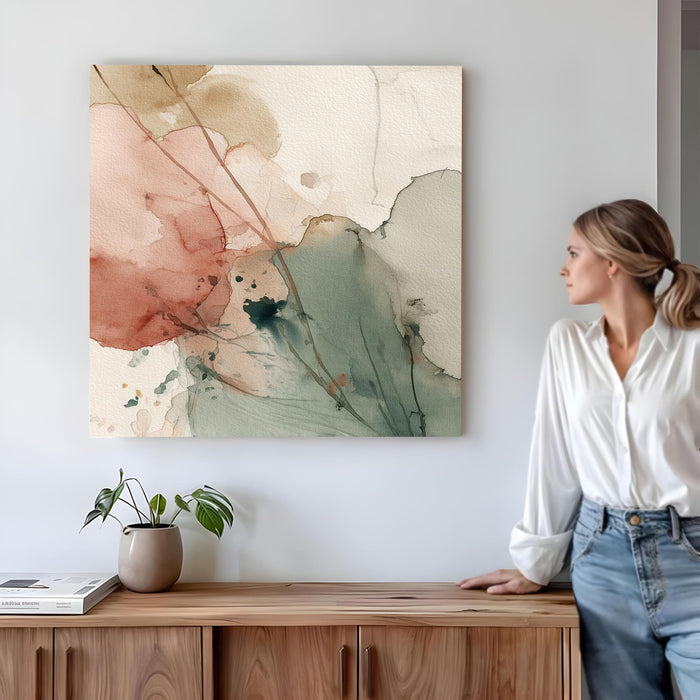 Modern Abstract Stretched Canvas Wall Art Painting For Living Room, Minimalist Sage Green & Terracotta Botanical Nature Painting, Wall Decor for Living Room, Bedroom & Office (56xx56 cm)