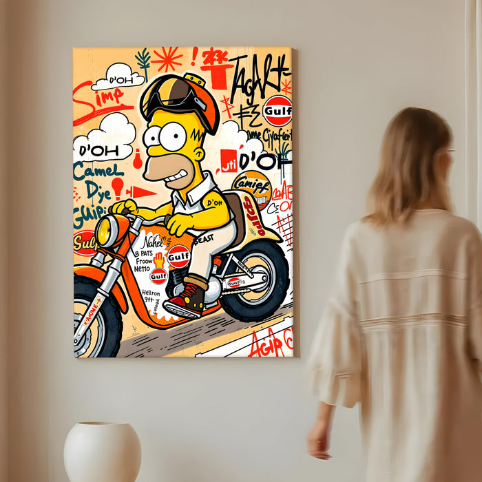 Cartoon Biker Graffiti Stretched Canvas Painting Print | Street Pop Art Wall Décor | Modern Motorcycle Illustration for Home & Office, 56x86 cm