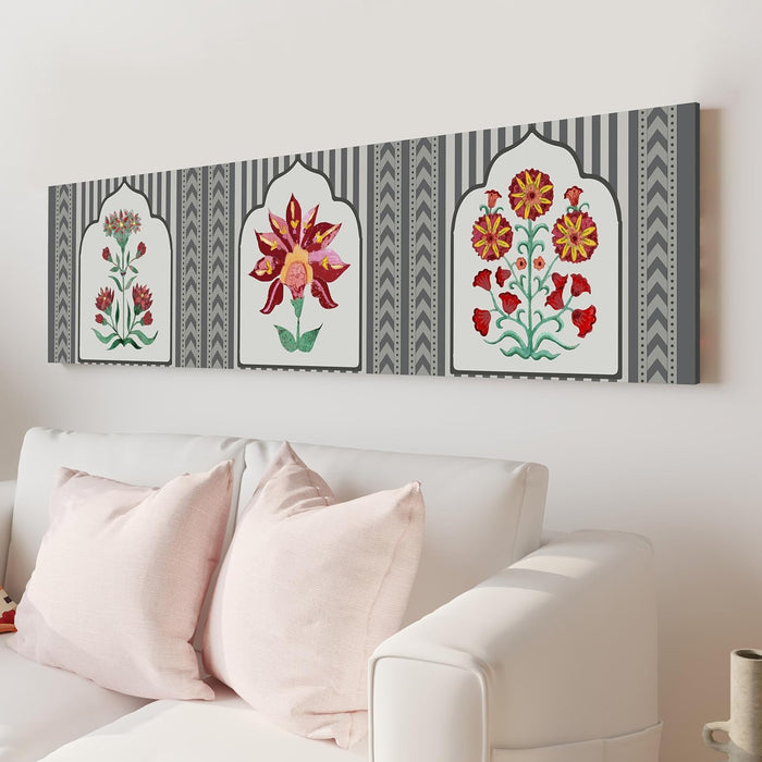 Large Stretched Canvas Painting, Panel Wall Art Print Traditional Indian Lotus Motif Luxury Paintings for Home Decoration (Red, 12x46 Inch)