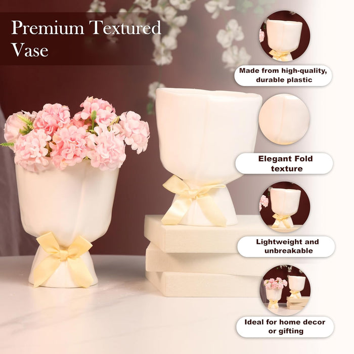 Beautiful Flower Vases, PVC Pot for Plants Stand Elegant Fold Texture White Vase Pot, Made of Durable Plastic PVC Height - 13 cm