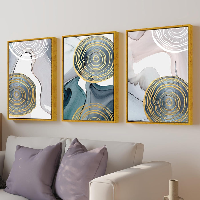 Nordic Abstract Golden Canvas Painting For Home Decor, Geometric Industrial Style Framed Art Prints (17x23 Inch, Set of 3)