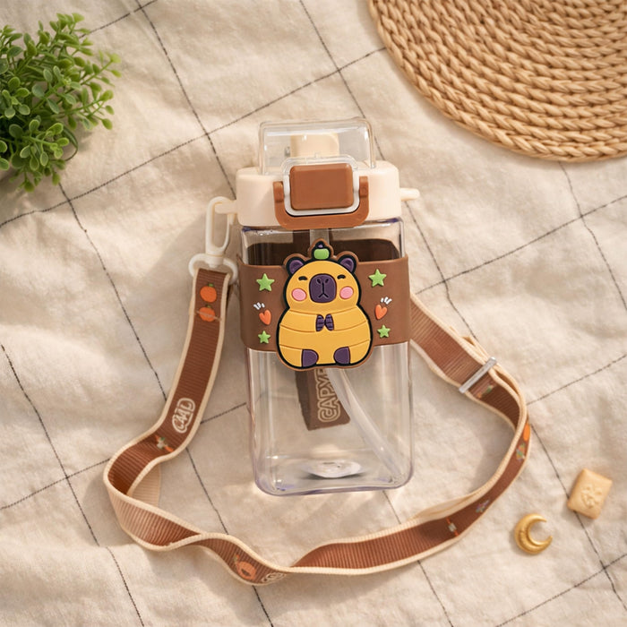 Art Street Water Bottle for Kids – 550ML Square Sipper with 3D Silicone Charm, Adjustable Shoulder Strap, Leak-Proof & BPA-Free Portable Travel Bottle for School & Outdoors (Brown, 7x3)