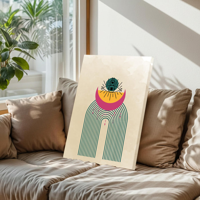 Abstract Sun Rising Rainbow Stretched Canvas Wall Art Modern Boho Illustration Painting for Home & Office Wall Decor, (16x22 Inch)