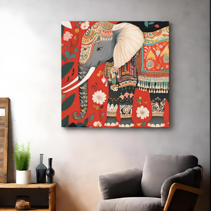 Royal Indian Elephant & Floral Garden Wall Art Painting For Living Room, Traditional Rajasthani Folk Stretched Canvas Painting, Modern Ethnic Mughal Decor for Living Room, Office & Home (56xx56 cm)
