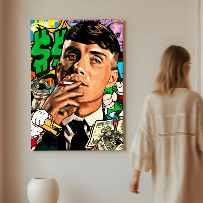 Bold Street Pop Art Gentleman Smoking Stretched Canvas Painting Print| Money & Power Graffiti Wall Art | Modern Luxury Wall Décor for Home & Office, 56x86 cm