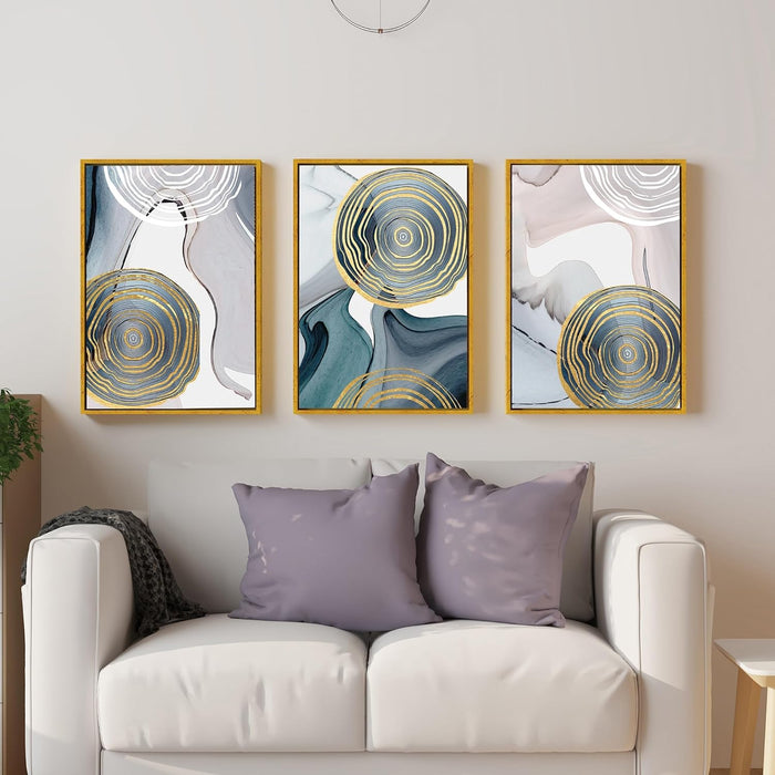 Nordic Abstract Golden Canvas Painting For Home Decor, Geometric Industrial Style Framed Art Prints (17x23 Inch, Set of 3)