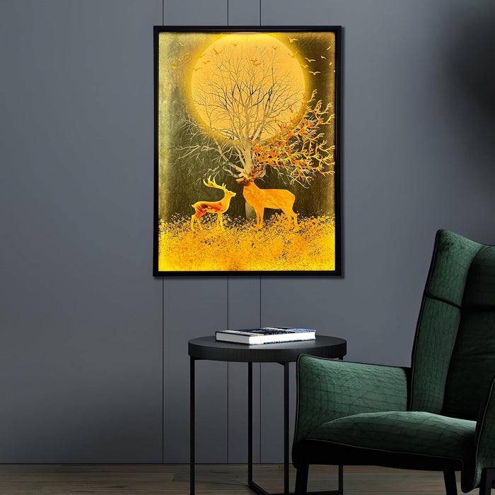 Framed Canvas Art Print with LED Light Decorative Canvas Wall Art, Deers in Front of the Moon Painting with LED Wall Decor 43x58 cm