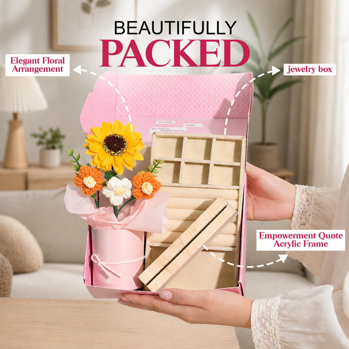 Art Street Rakshabandhan Gift Hamper for Sister with Elegant Crochet Flower Bouquet in Pink Pot, Acrylic Frame with Quote & Velvet Lined Jewelry Box