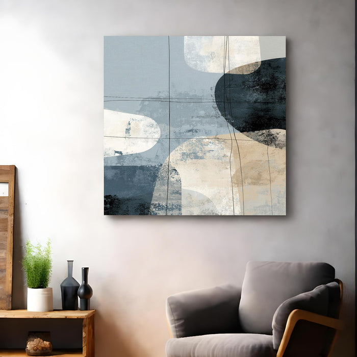 Modern Abstract Stretched Canvas Wall Art Painting For Living Room, Minimalist Navy Blue, Geometric Shapes Painting, Large Neutral Home Decor for Living Room & Office (56xx56 cm)
