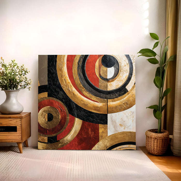 Gold & Red Abstract Geometric Stretched Canvas Wall Art Painting For Living Room, Textured Metallic Circles Painting, Modern Home Decor for Living Room, Office & Hallway (56xx56 cm)