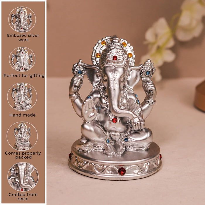 Ganesh Ji Statue Showpiece Idol, Crafted from Resin Ganesh Ji Murti (Silver, 8x11 cm)