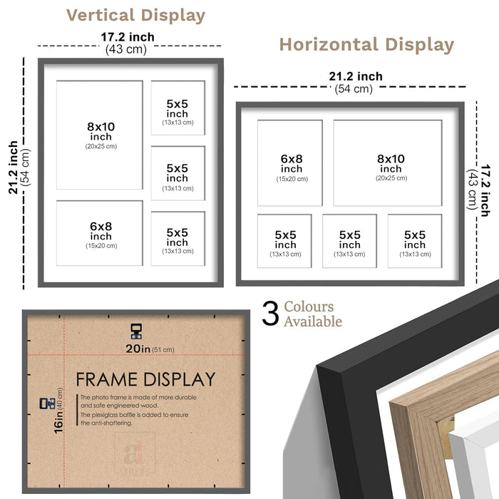 Photo Frame Collage 20x25, 15x20, 13x13 cm Photos Display 5 Openings Wall Mounting Home Décor Photo-Frame (44x54 cm)