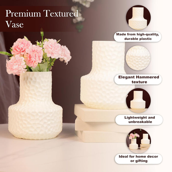 Beautiful Flower Vases, PVC Pot for Plants Stand Elegant Hammered Texture White Vase Pot, Made of Durable Plastic PVC Height - 15 cm
