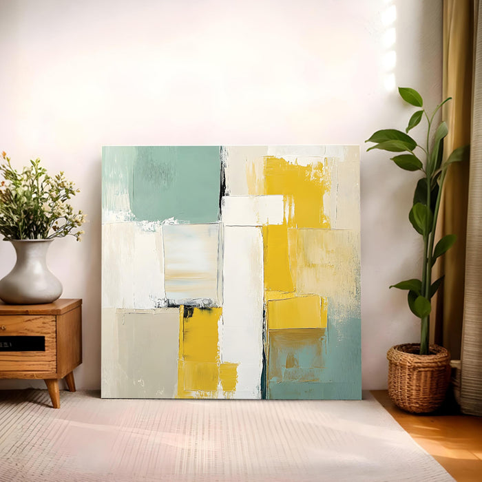 Modern Abstract Stretched Canvas Wall Art Painting For Living Room, Textured Geometric Oil Painting in Yellow, Sage Green & White, Large Gallery Wrap for Living Room & Office (56xx56 cm)