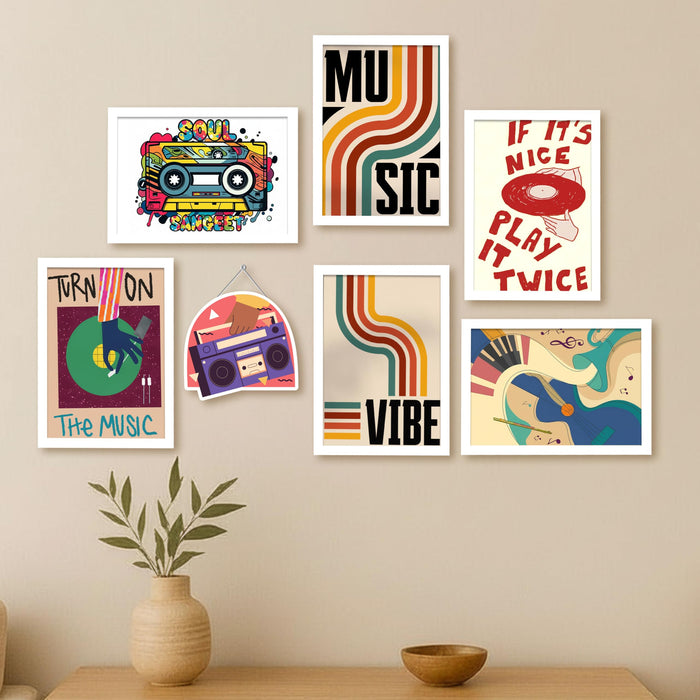 Music Wall Art Framed Set of 7 (1 MDF wall Hanging) | Retro Music Posters & Typography Prints | Modern Wall Decor Framed Painting for Living Room, Bedroom, Studio & Café, 9x13 Inch