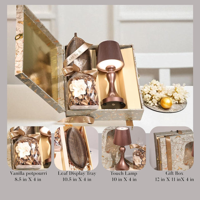 Diwali Gift Hamper Box with Table Lamp, Vanilla Scent Potpourri and Tray, Friends and Relatives (Pack of 3)