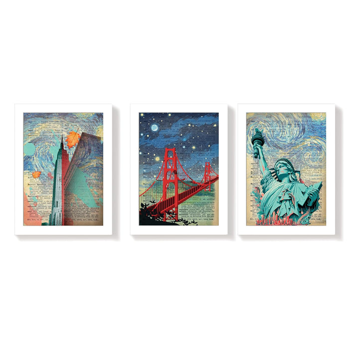 Art Street Dictionary Art Prints Golden Gate Bridge & Liberty Statue Theme, Framed Posters for Home Décor & Wall Decoration for Living Room (Set of 3,12.6 X 9.2 Inch)
