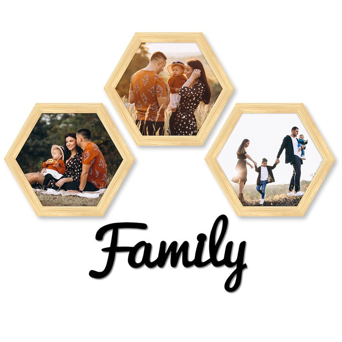 Hexagon Wall Photo/Picture Frame Set of 3, and 'Family' Word MDF Cutout (Size 10x9.2 Inch)