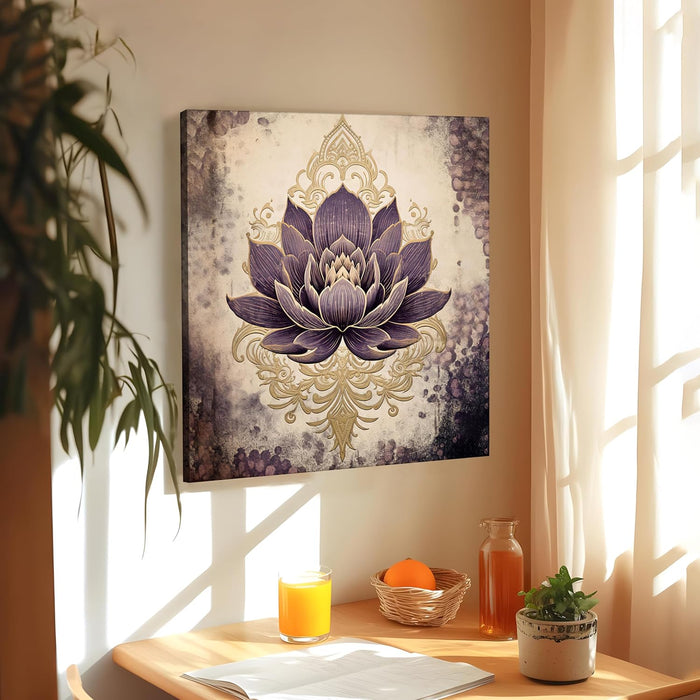 Multicolor Abstract Canvas Purple Lotus Indian Folk Wall Art Painting – Beige Purple Gold Gallery Wrap Canvas Wall Décor.