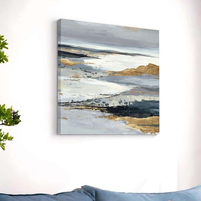 Abstract Gold Foil Mountain Landscape Wall Art Painting For Living Room, Modern Grey & Navy Textured Stretched Canvas Painting, Contemporary Japandi for Living Room, Office & Home (56xx56 cm)