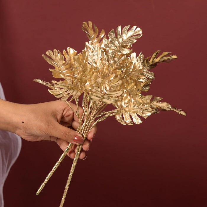 Golden Monstera Leaves Stem, Fake Faux Shrubs PVC, UV Resistant for Home Décor 28 cm