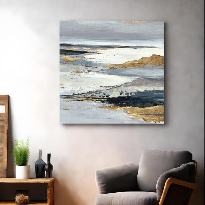 Abstract Gold Foil Mountain Landscape Wall Art Painting For Living Room, Modern Grey & Navy Textured Stretched Canvas Painting, Contemporary Japandi for Living Room, Office & Home (56xx56 cm)