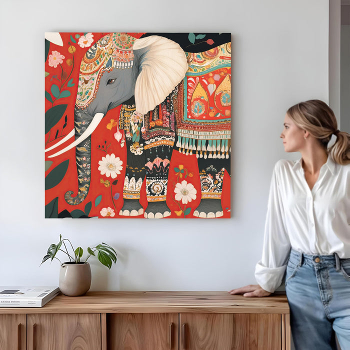 Royal Indian Elephant & Floral Garden Wall Art Painting For Living Room, Traditional Rajasthani Folk Stretched Canvas Painting, Modern Ethnic Mughal Decor for Living Room, Office & Home (56xx56 cm)