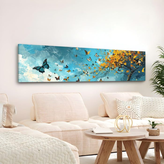 Large Stretched Canvas Painting, Panel Wall Art Print Blue and Yellow Butterfly Tree Luxury Paintings for Home Decoration (Blue, 12x46 Inch)