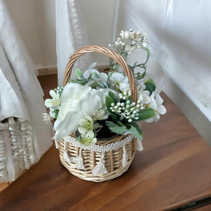 Art Street Boho Macrame Basket Vase with Artificial Flowers Wedding Flower Girl Baskets, Fake Flowers in Pot for Home, Table, Window, Living Room, Bedroom, Office (Beige, Size: 5x7.5 Inch)