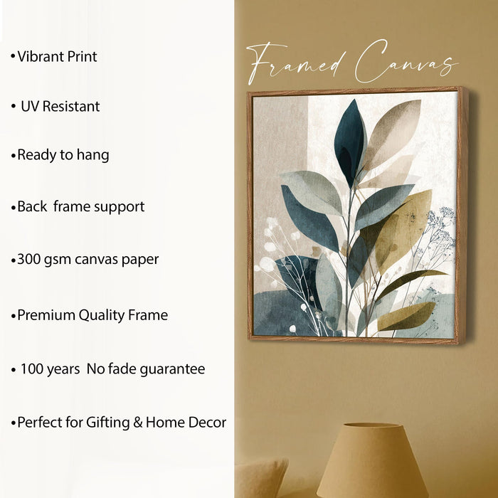 Abstract Botanical Leaf Framed Painting For Living Room | Modern Nature Leaves Large Canvas Painting With Frame Wall Art For Bedroom, Hallway's, Office, Hotel, Size 58x58 cm