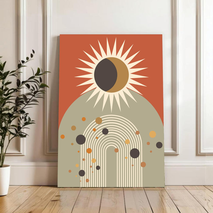 Abstract Sun Rise and floral Stretched Canvas Wall Art Modern Boho Illustration Painting for Home & Office Wall Decor, (16x22 Inch)