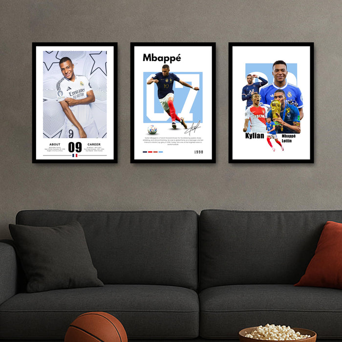 Kylian Mbappe Sports Painting With Frame for living room, Football Player Framed Wall Art Painting for Home Decor Set of 3, Size 13.6 by 17.9 Inch