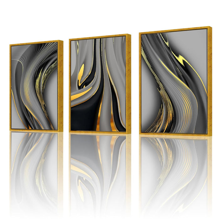Art Street Abstract Gold Foil Lines Ribbon Canvas Painting For Home Décor (17x23 Inch, Set Of 3)
