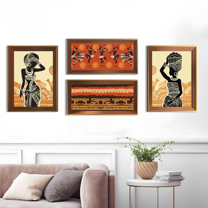 African Girls Black Female Figures Framed Wall Art Painting, Art Prints for Home Décor (Set of 4, 2-12x16 & 2-8x18 Inch)