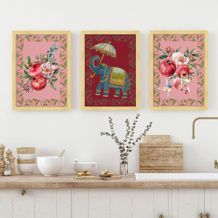 Indian Traditional Art Print Set of 3 with Pichwai Elephant Wall Art, Kalamkari Style Floral Decor, Pomegranate Bird Artwork, Ethnic Home Wall Decoration, Indian Folk Painting 30x42 cm