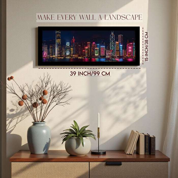 Vibrant Hong Kong Skyline at Night Cityscape Wall Art Framed Luxury Paintings for Home Decoration, Living room, Bedroom and Office Decoration (99x38 CM)