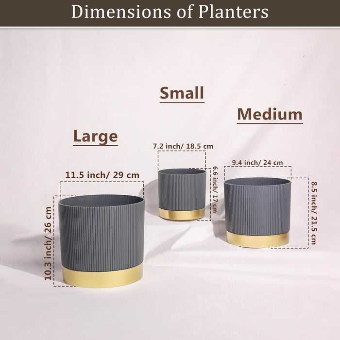Plant Pot Pack Planter Pot Pack of 3 for Home Decor Brown Copper Indoor Outdoor with Vertical Embossed Ribbed Pattern Perfect 26x29, 21.5x24 and 17x18.5 cm