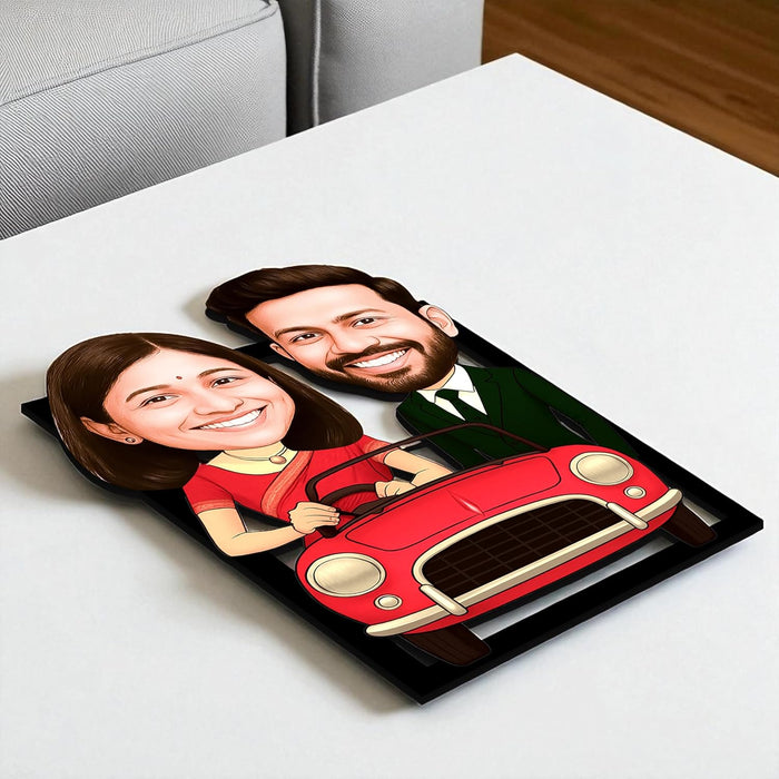 Customized Face Caricature With Car Character Cartoon Photo Frame, MDF Personalized Caricature Anniversary Gift For Husband, Wife, Customised Gift For Friends & Family, Boyfriend, Couples
