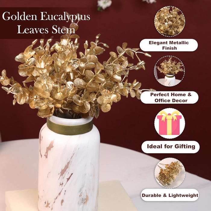 Golden Eucalyptus Leaves Stem, Fake Faux Shrubs PVC, UV Resistant for Home  31 cm