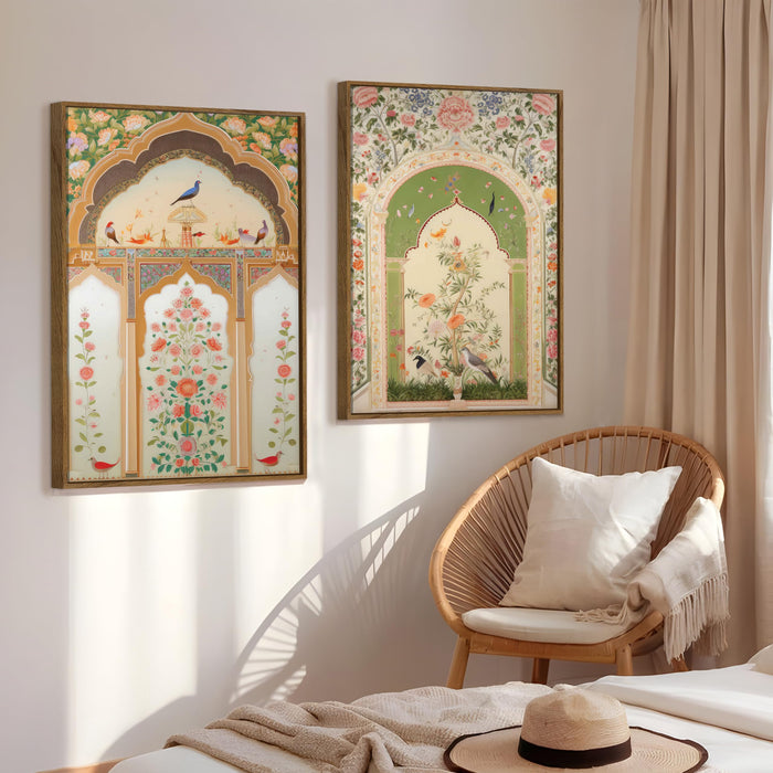 Mughal Jharokha Peacock and Flower Canvas Indian Large Wall Art Painting for Living Room Decoration, Stylish Large Wall Art Print for Wall Decor (Set of 2, 58x89 cm)